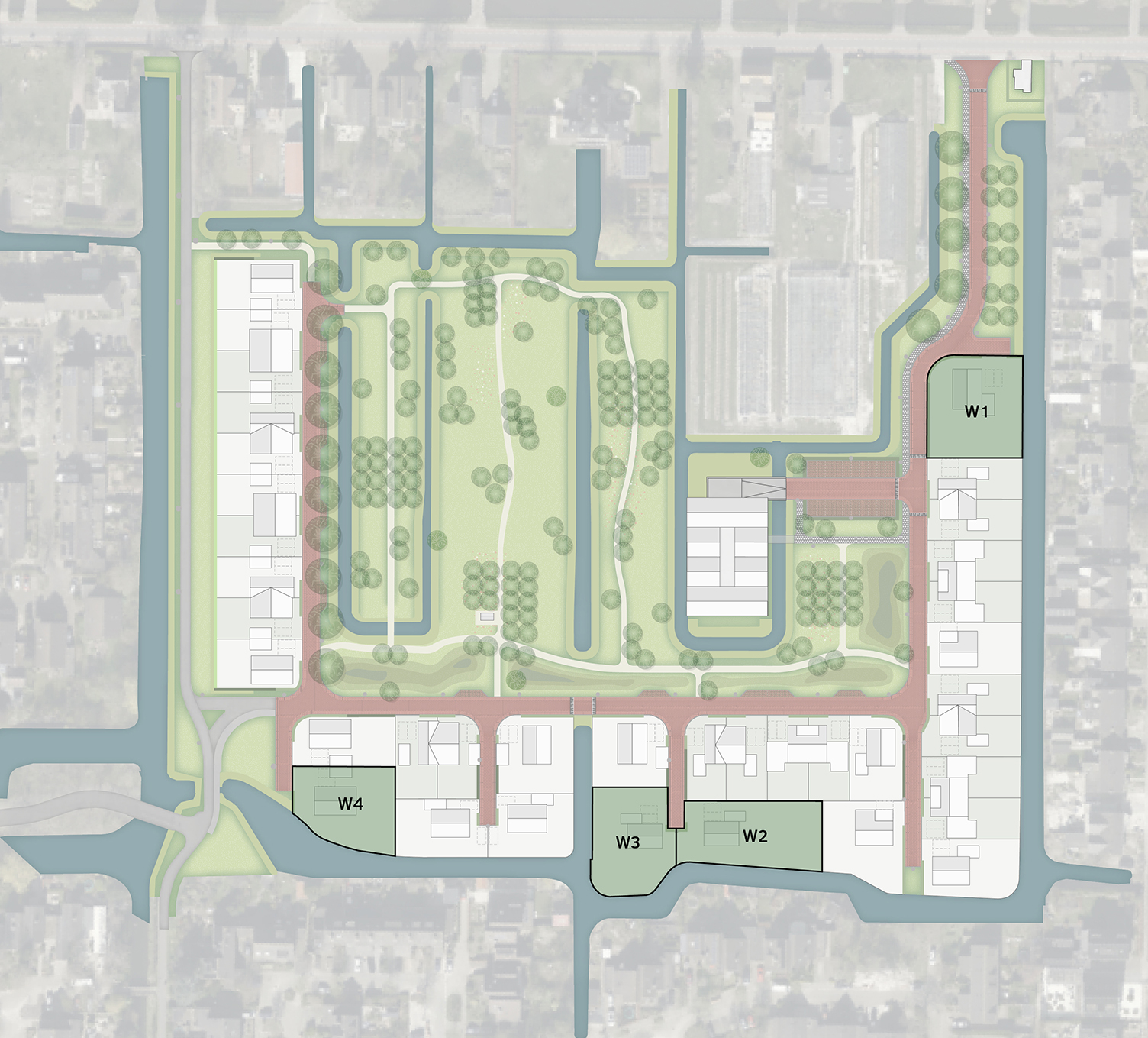 De kavels liggen in fase A West in Blokker. Het ligt ten zuiden van de Koewijzend en ten westen van de Kolenbergstraat. Op de afbeelding zijn de kavels te zien met W1, W2, W3 en W4.