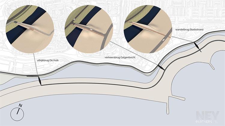 Een schematische tekening van de bruggen van het stadsstrand