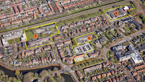 Projectgebied met daarin de drie deelgebieden: Eikstraat/ Abbingstraat, RAC-locatie, Wilhelminalaan
