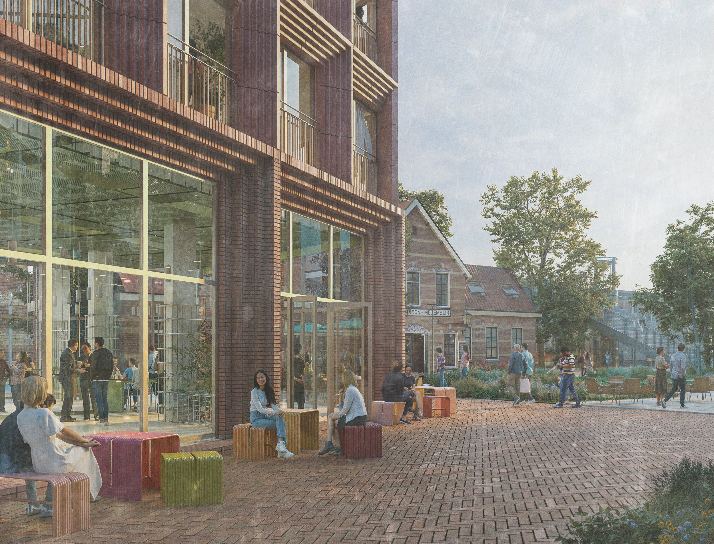 Impressie van zicht op Belloplein vanaf straat Peilglas met op de achtergrond de Museumstoomtram.