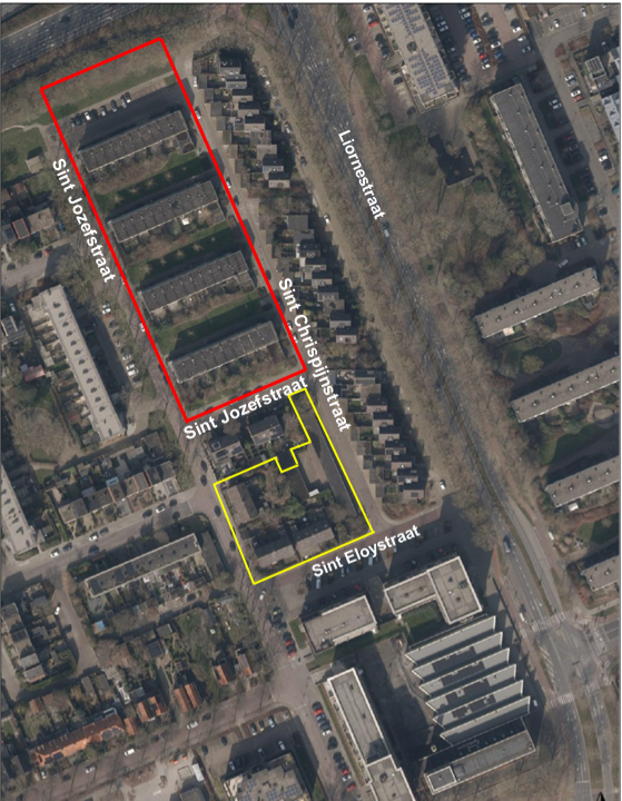 Op de kaart is het plangebied in Hoorn-Noord weergegeven. Het rood omcirkelde gebied laat de locatie zien waar Intermaris nieuwe woningen wil ontwikkelen. Het gele gebied geeft de locatie aan waar Omring een appartementencomplex met zorgappartementen wil realiseren.􀣯